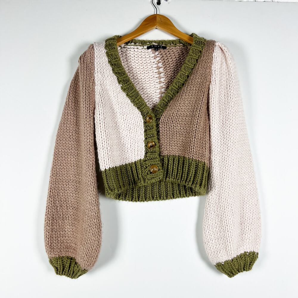Fore pink beige green knit cardigan balloon sleeve sweater size medium